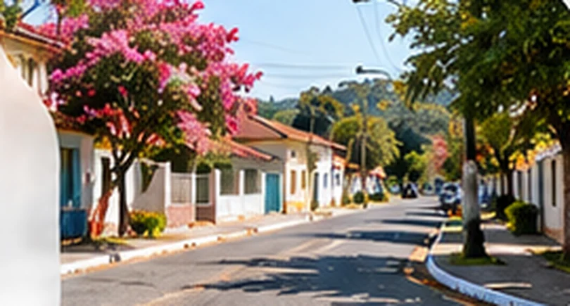 Rua arborizada com ipê rosa florido em bairro de Alambari