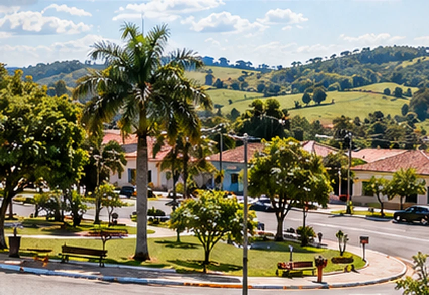 Vista aérea de Alambari com a igreja matriz entre as montanhas